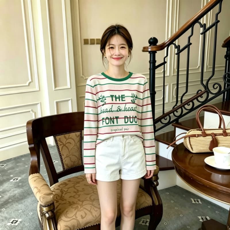 실사 배색 라운드 넥 스트라이프 긴팔 자외선 차단 니트 스웨터 여름 알파벳 프린트 다용도 얇은 스타일 루즈핏 맨위 상세 이미지 13