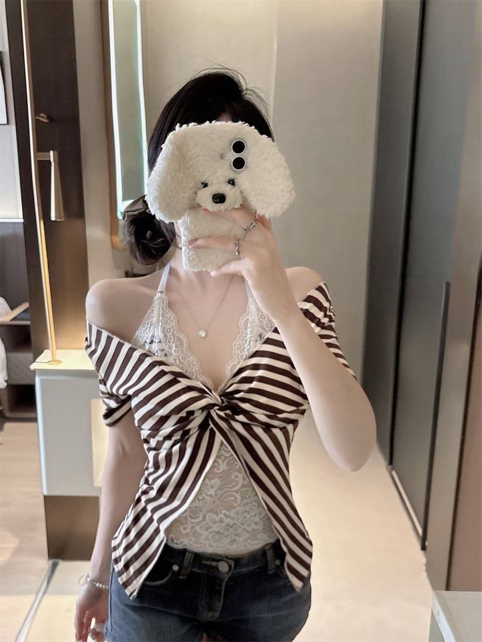 여름 새로운 순수한 욕망 바람 페이크 레이어드 스트라이프 V넥 반팔 티셔츠 여성 몸매 가꾸기 원피스 벨트 가슴 패드 다용도 맨위 상세 이미지 8