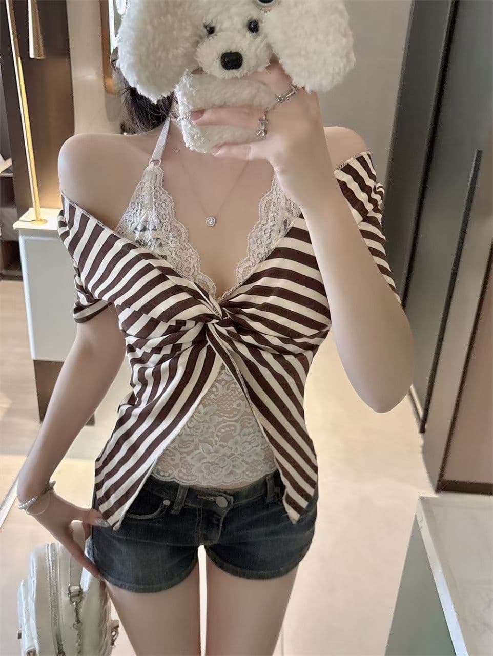 여름 새로운 순수한 욕망 바람 페이크 레이어드 스트라이프 V넥 반팔 티셔츠 여성 몸매 가꾸기 원피스 벨트 가슴 패드 다용도 맨위 상세 이미지 9