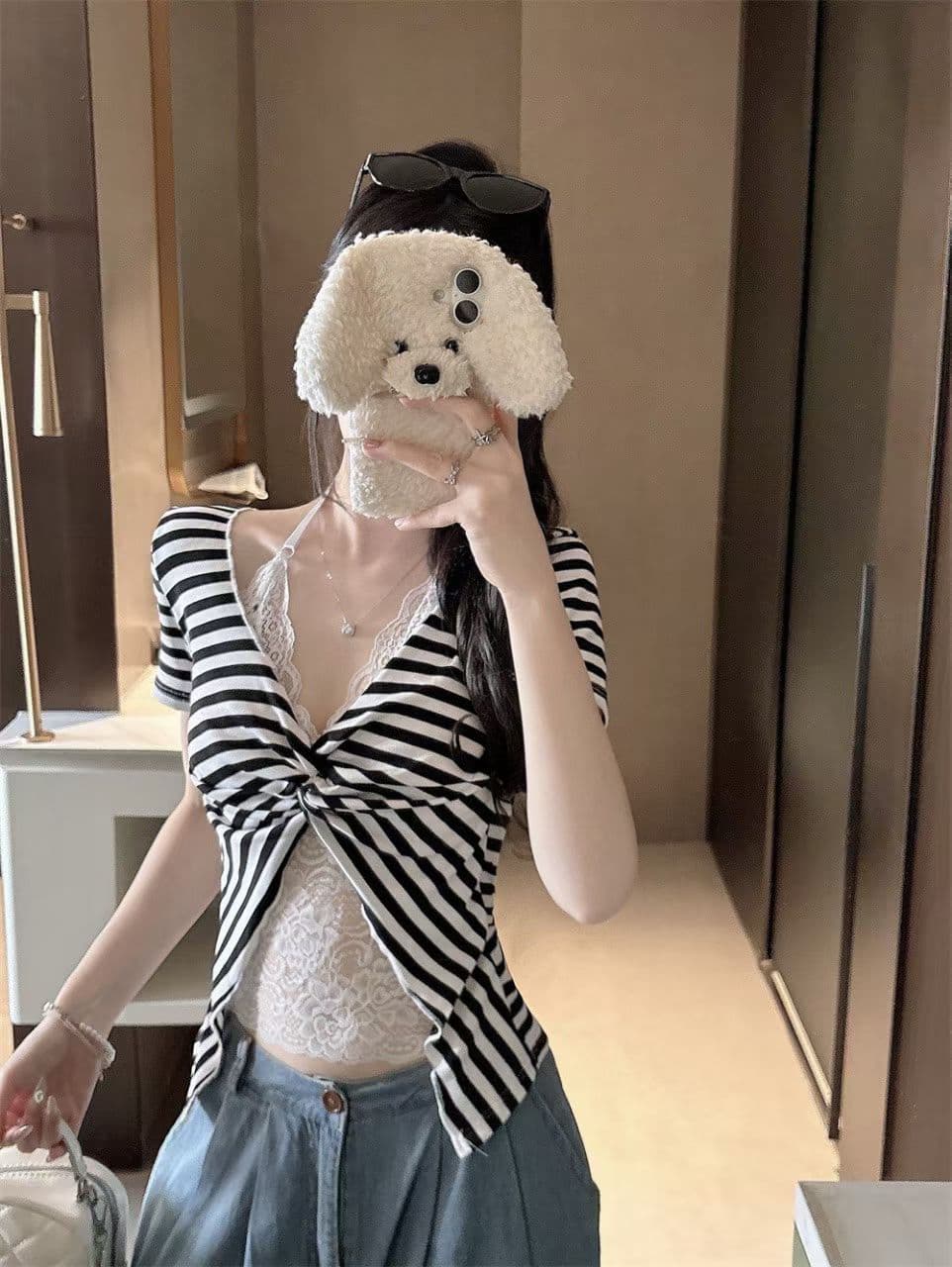 여름 새로운 순수한 욕망 바람 페이크 레이어드 스트라이프 V넥 반팔 티셔츠 여성 몸매 가꾸기 원피스 벨트 가슴 패드 다용도 맨위 상세 이미지 23