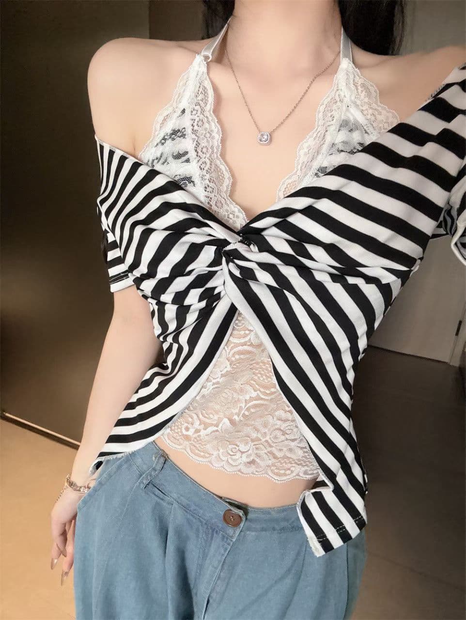 여름 새로운 순수한 욕망 바람 페이크 레이어드 스트라이프 V넥 반팔 티셔츠 여성 몸매 가꾸기 원피스 벨트 가슴 패드 다용도 맨위 상세 이미지 25