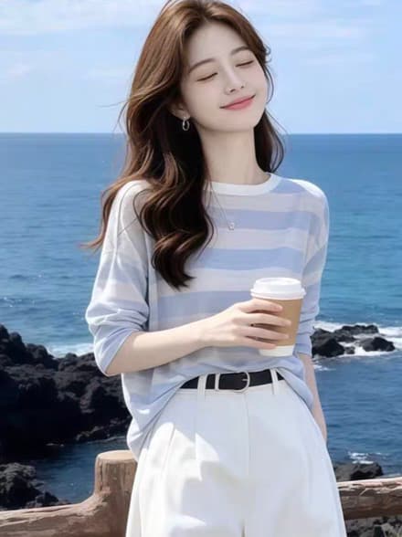 하늘색 스트라이프 루즈핏 자외선 차단 긴팔 라운드 넥 티셔츠 여성 2026 여름 프랑스식 자이언트 잘 생긴 Chic 매우 요정 맨위 이미지 3