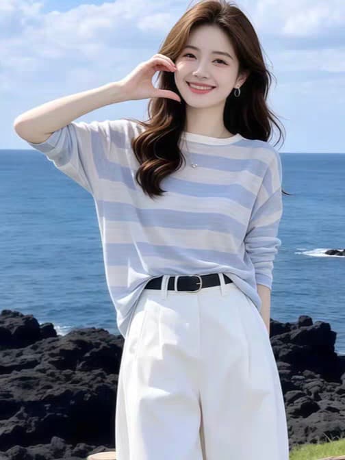 하늘색 스트라이프 루즈핏 자외선 차단 긴팔 라운드 넥 티셔츠 여성 2026 여름 프랑스식 자이언트 잘 생긴 Chic 매우 요정 맨위 상세 이미지 6