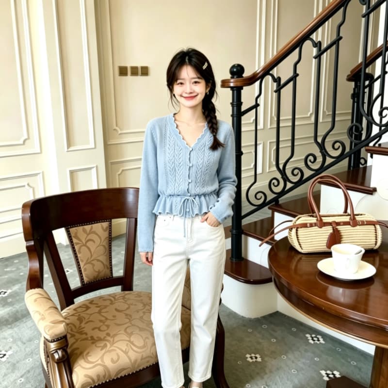 프랑스식 자수 홀로우 아웃 털 공 V넥 긴팔 니트 스웨터 여성 봄 가을 디자인 센스 작은 대중 펌프 로프 스웨터 맨위 트렌디 이미지 3