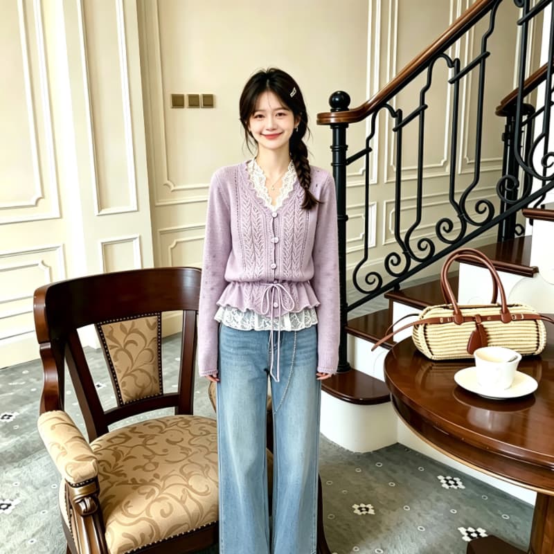 프랑스식 자수 홀로우 아웃 털 공 V넥 긴팔 니트 스웨터 여성 봄 가을 디자인 센스 작은 대중 펌프 로프 스웨터 맨위 트렌디 상세 이미지 1
