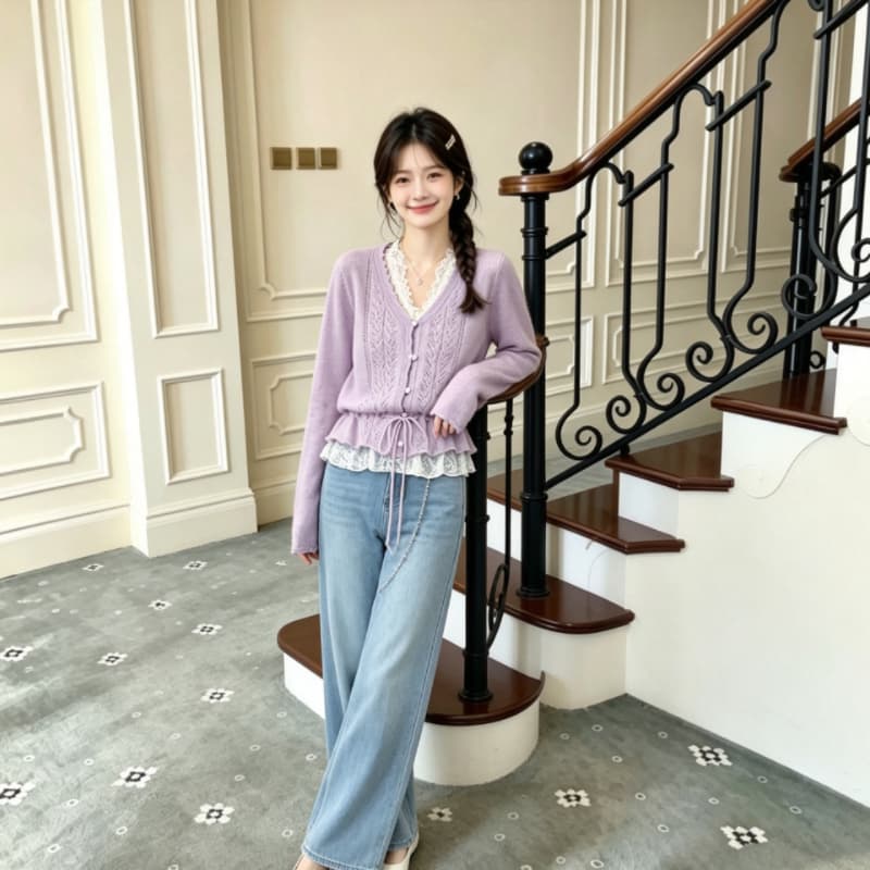 프랑스식 자수 홀로우 아웃 털 공 V넥 긴팔 니트 스웨터 여성 봄 가을 디자인 센스 작은 대중 펌프 로프 스웨터 맨위 트렌디 상세 이미지 4
