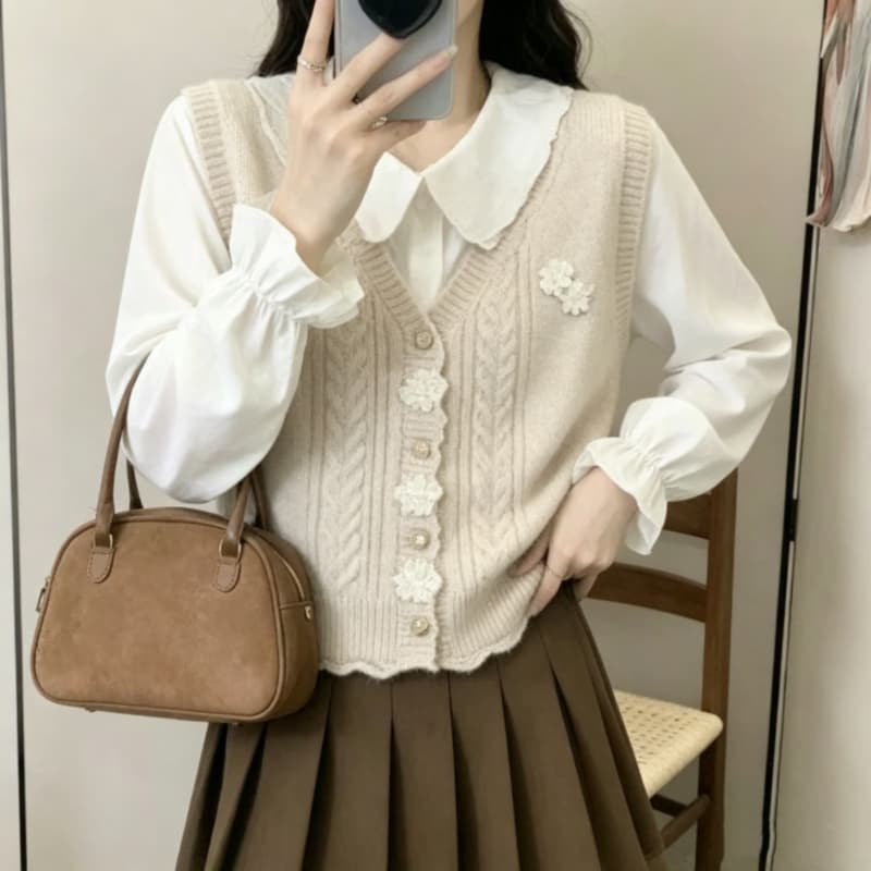 스웨터 조끼 여자 봄 가을 새로운 외국 가스 일본식 스택 착용 어깨 오픈 가디건 루즈핏 쇼트 스타일 니트 조끼 외부 가져 가라. 이미지 3