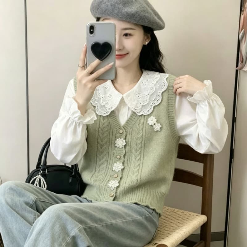 스웨터 조끼 여자 봄 가을 새로운 외국 가스 일본식 스택 착용 어깨 오픈 가디건 루즈핏 쇼트 스타일 니트 조끼 외부 가져 가라. 상세 이미지 4