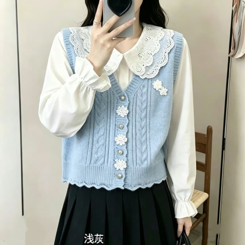 스웨터 조끼 여자 봄 가을 새로운 외국 가스 일본식 스택 착용 어깨 오픈 가디건 루즈핏 쇼트 스타일 니트 조끼 외부 가져 가라. 상세 이미지 5