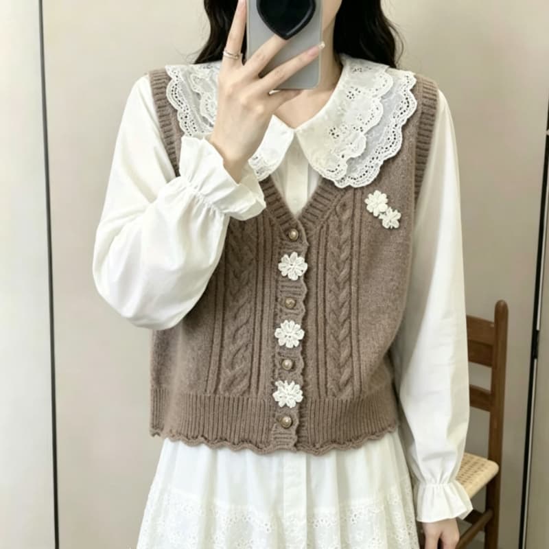 스웨터 조끼 여자 봄 가을 새로운 외국 가스 일본식 스택 착용 어깨 오픈 가디건 루즈핏 쇼트 스타일 니트 조끼 외부 가져 가라. 상세 이미지 7