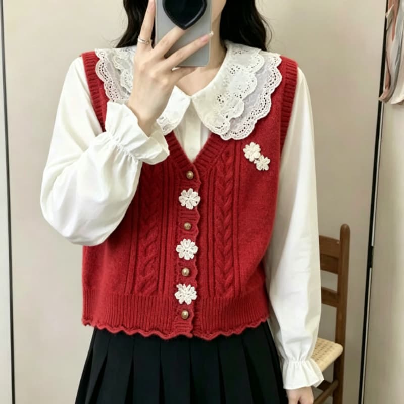 스웨터 조끼 여자 봄 가을 새로운 외국 가스 일본식 스택 착용 어깨 오픈 가디건 루즈핏 쇼트 스타일 니트 조끼 외부 가져 가라. 상세 이미지 9