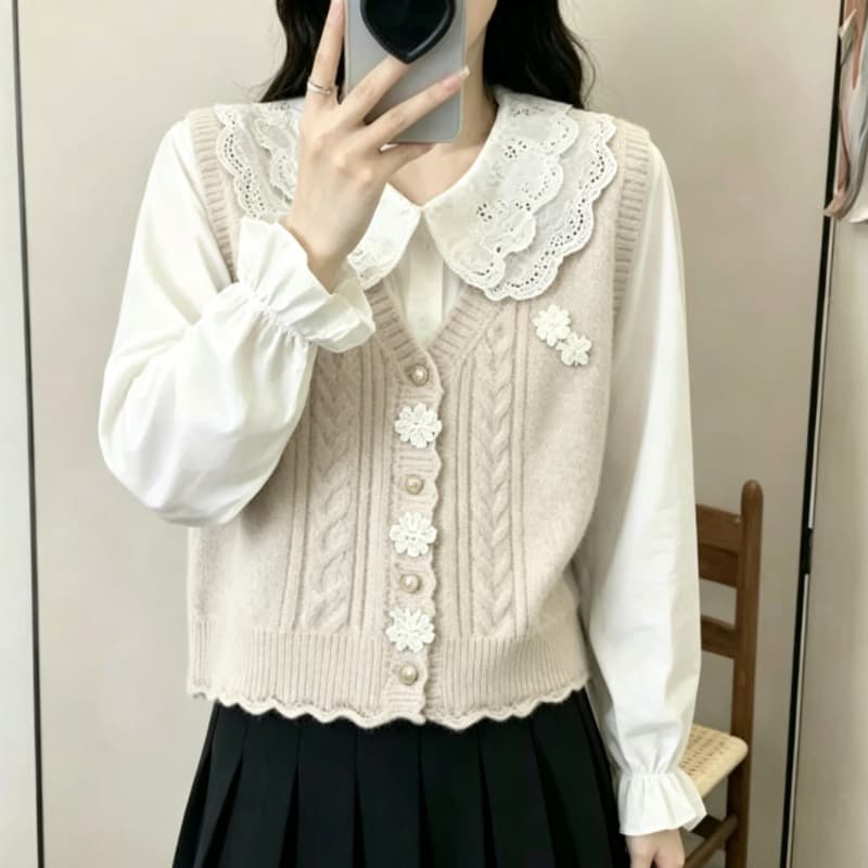 스웨터 조끼 여자 봄 가을 새로운 외국 가스 일본식 스택 착용 어깨 오픈 가디건 루즈핏 쇼트 스타일 니트 조끼 외부 가져 가라. 상세 이미지 10