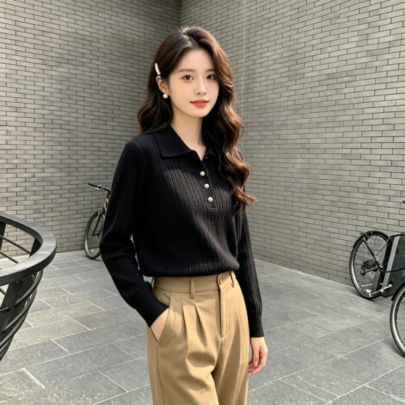 실사 POLO 칼라 가을 겨울철 털 니트 스웨터 니트 쇼트 스타일 얇은 스타일 긴팔 스웨터 여성 의류 맨위 이미지 4
