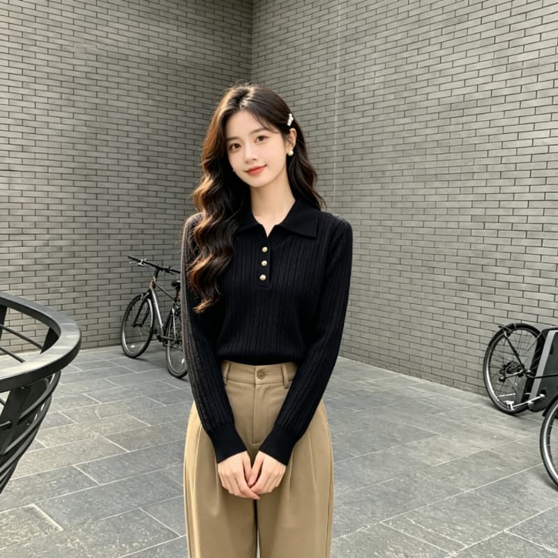 실사 POLO 칼라 가을 겨울철 털 니트 스웨터 니트 쇼트 스타일 얇은 스타일 긴팔 스웨터 여성 의류 맨위 상세 이미지 7