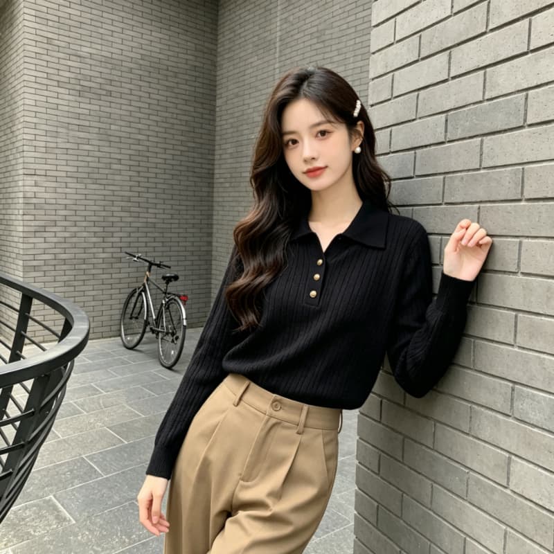 실사 POLO 칼라 가을 겨울철 털 니트 스웨터 니트 쇼트 스타일 얇은 스타일 긴팔 스웨터 여성 의류 맨위 상세 이미지 8