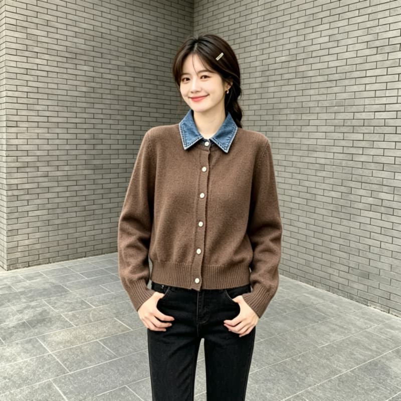 실사 자이언트 잘 생긴 니트 스웨터 여성 봄 2026 새로운 띠띠해 착용 가져 가라. 데님 폴로 칼라 페이크 레이어드 맨위 상세 이미지 5