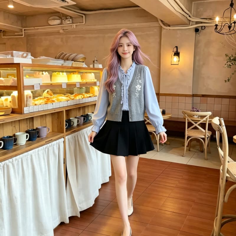 실사 학원 스타일 꽃 자수 니트 조끼 여자 봄 가을 새로운 레이스업 조끼 상세 이미지 2