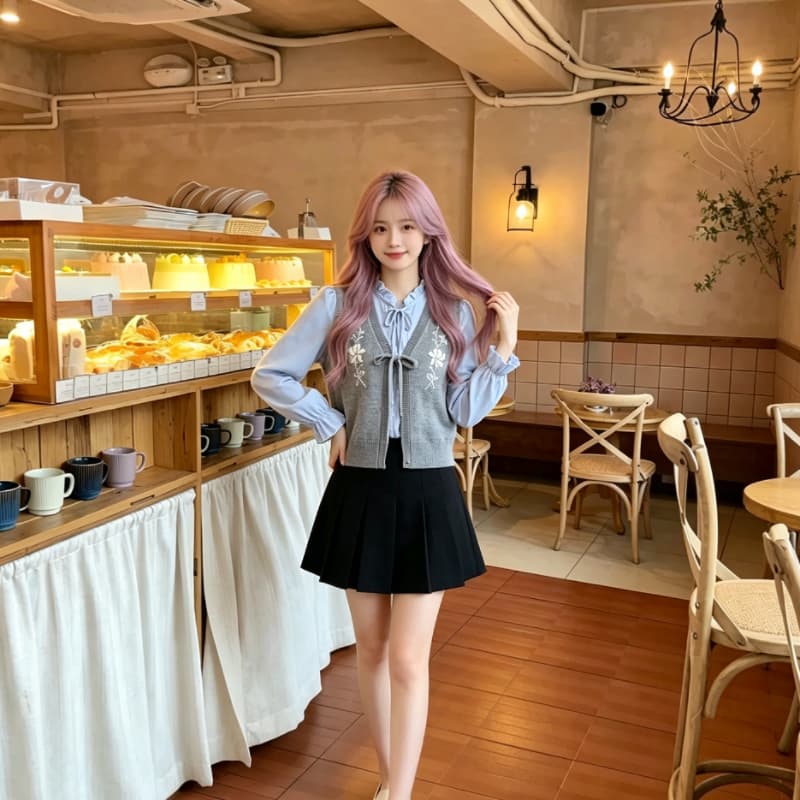 실사 학원 스타일 꽃 자수 니트 조끼 여자 봄 가을 새로운 레이스업 조끼 상세 이미지 4