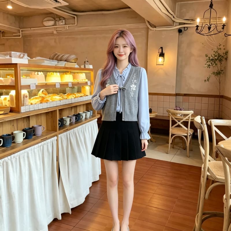 실사 학원 스타일 꽃 자수 니트 조끼 여자 봄 가을 새로운 레이스업 조끼 상세 이미지 5