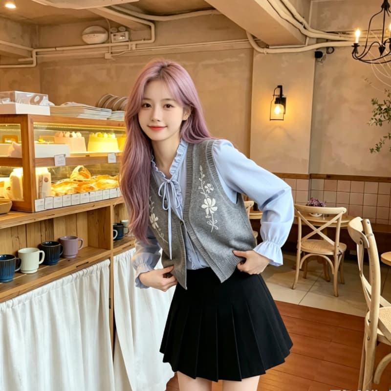 실사 학원 스타일 꽃 자수 니트 조끼 여자 봄 가을 새로운 레이스업 조끼 상세 이미지 6