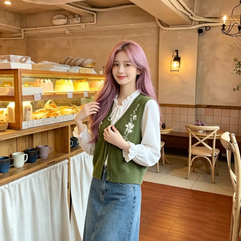 실사 학원 스타일 꽃 자수 니트 조끼 여자 봄 가을 새로운 레이스업 조끼 상세 이미지 9