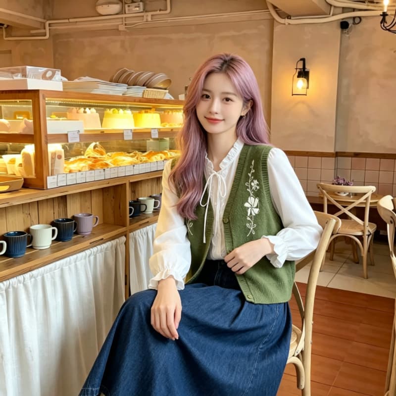 실사 학원 스타일 꽃 자수 니트 조끼 여자 봄 가을 새로운 레이스업 조끼 상세 이미지 12