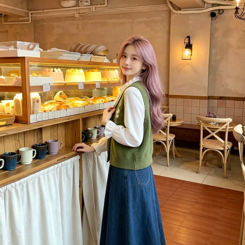 실사 학원 스타일 꽃 자수 니트 조끼 여자 봄 가을 새로운 레이스업 조끼 상세 이미지 13