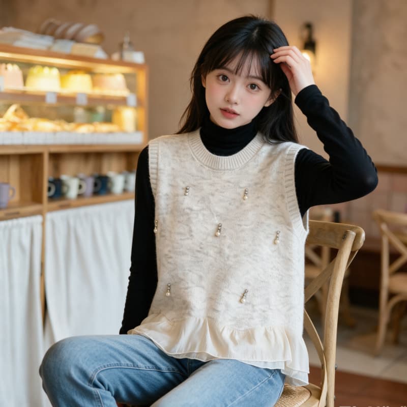실사 프랑스식 망사 밑단 니트 조끼 여자 가을 겨울철 고급 센스 비즈 박기 조끼 스택 착용 민소매 작은 맨위 상세 이미지 2