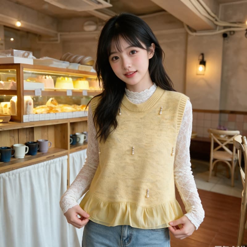 실사 프랑스식 망사 밑단 니트 조끼 여자 가을 겨울철 고급 센스 비즈 박기 조끼 스택 착용 민소매 작은 맨위 상세 이미지 8