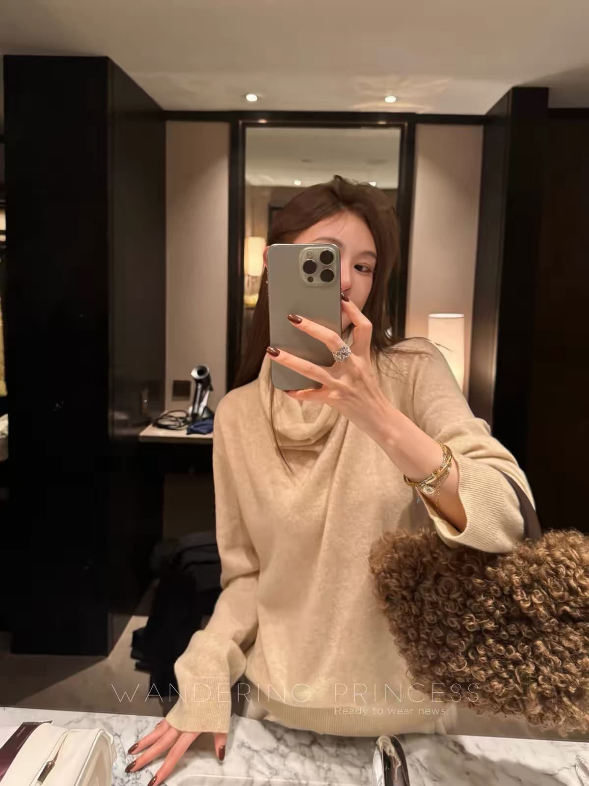 프랑스식 고급 센스 느긋한 말뚝 더미 흔들다 칼라 산양 캐시미어 셔츠 여성 새로운 터틀넥 스웨터 루즈핏 슬림해 보이는 니트 맨위 이미지 4