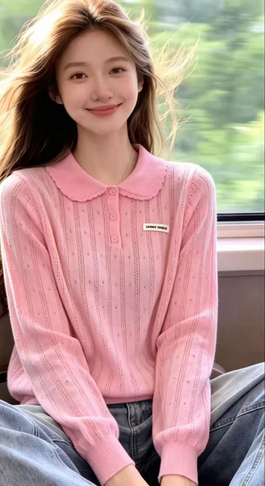 패치 알파벳 폴로 칼라 디자인 센스 작은 대중 긴팔 오픈 가디건 새로운 홀로우 아웃 외부 가져 가라. 털 빛 럭셔리 털 니트 스웨터 상세 이미지 4