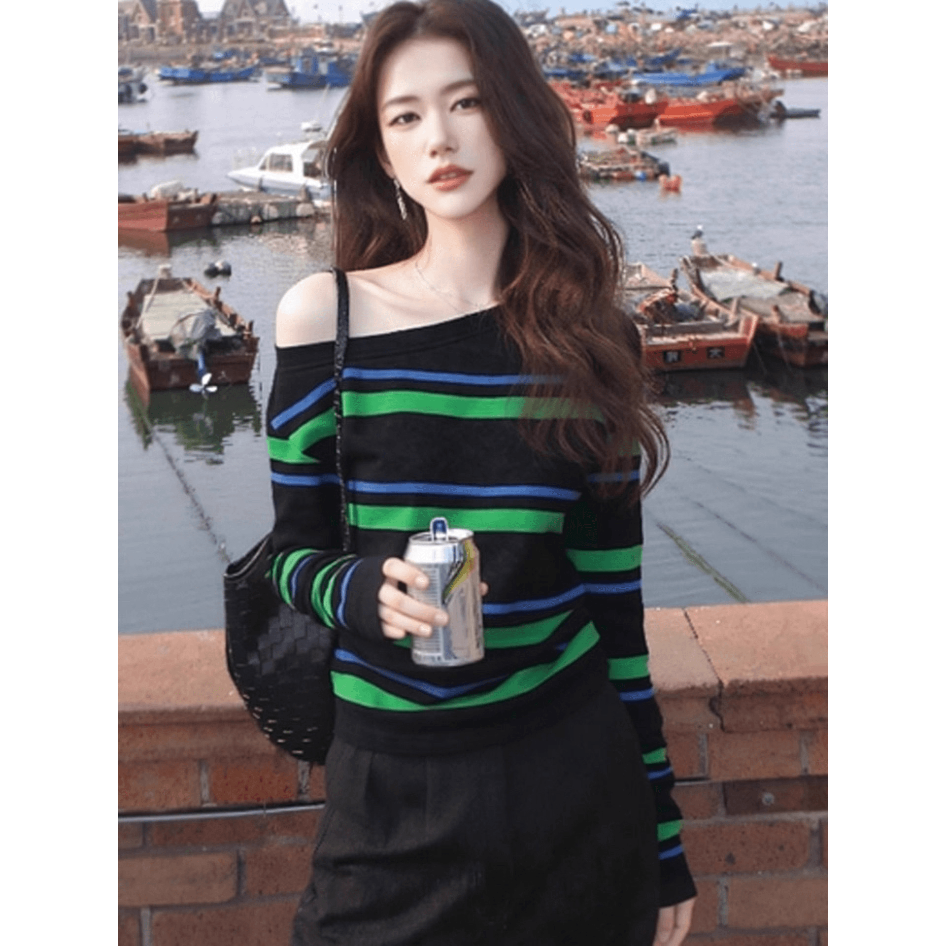 한 부서 비스듬한 어깨 스트라이프 티셔츠 여성 가을 겨울철 느긋한 바람 느슨함 센스 작은 대중 아니요 명중 섹션 고유 한 맨위 이미지 5