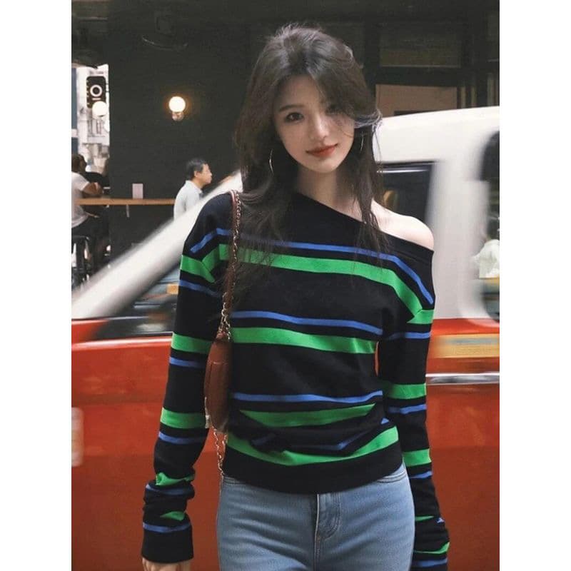 한 부서 비스듬한 어깨 스트라이프 티셔츠 여성 가을 겨울철 느긋한 바람 느슨함 센스 작은 대중 아니요 명중 섹션 고유 한 맨위 상세 이미지 1
