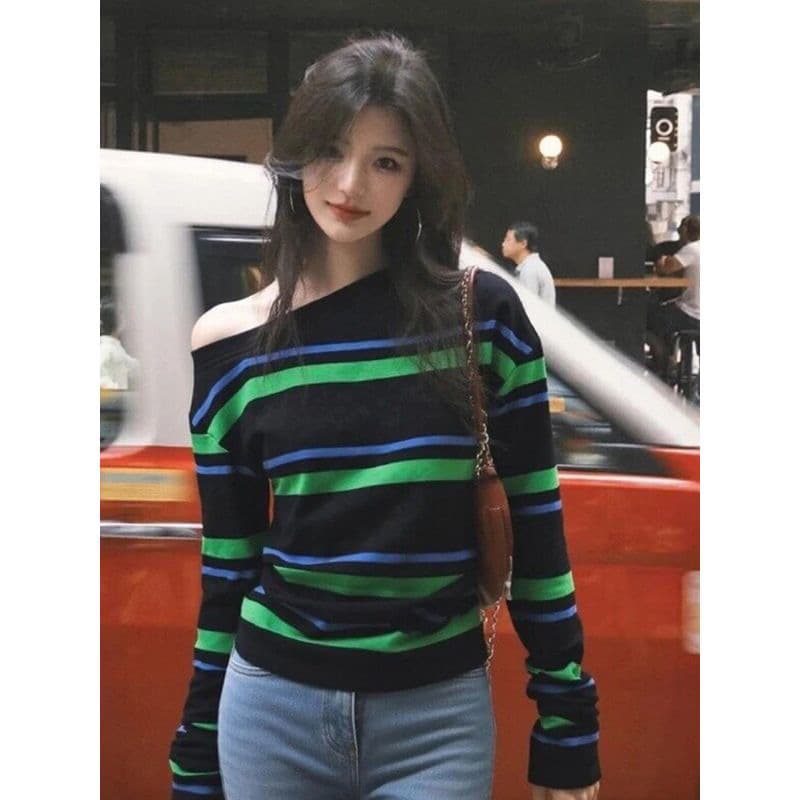 한 부서 비스듬한 어깨 스트라이프 티셔츠 여성 가을 겨울철 느긋한 바람 느슨함 센스 작은 대중 아니요 명중 섹션 고유 한 맨위 상세 이미지 3