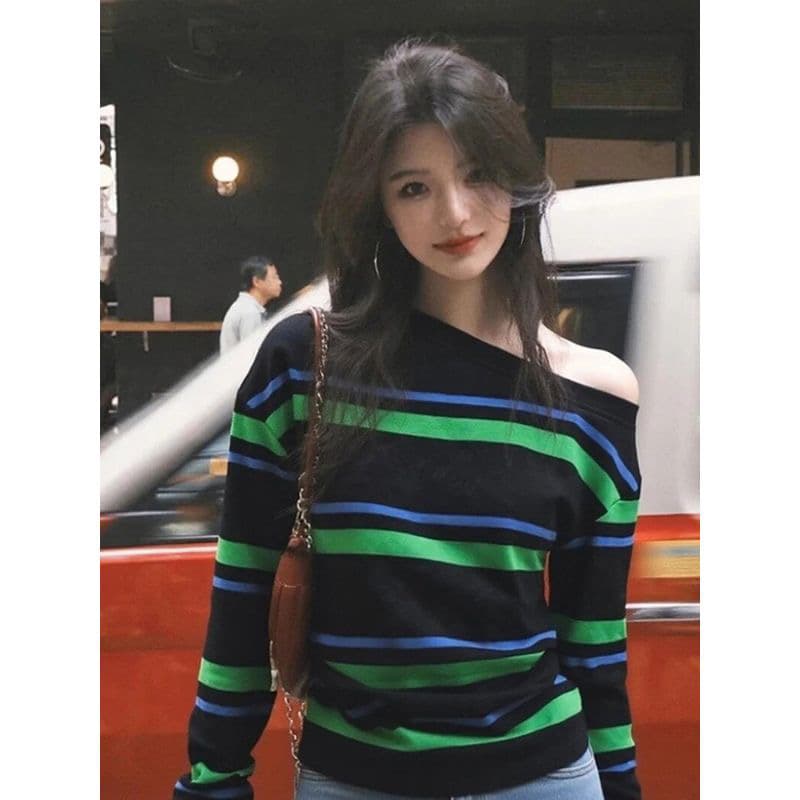한 부서 비스듬한 어깨 스트라이프 티셔츠 여성 가을 겨울철 느긋한 바람 느슨함 센스 작은 대중 아니요 명중 섹션 고유 한 맨위 상세 이미지 5