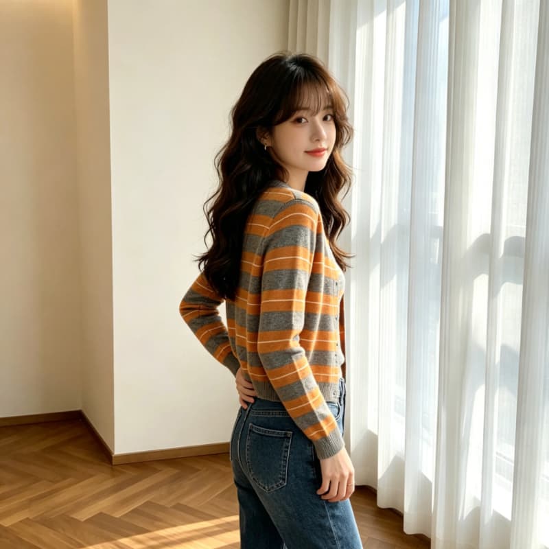 실사 스트라이프 스택 착용 니트 오픈 가디건 여성 조기 봄 디자인 센스 스웨터 코트 외부 가져 가라. 두 조각 스타일 맨위 이미지 2