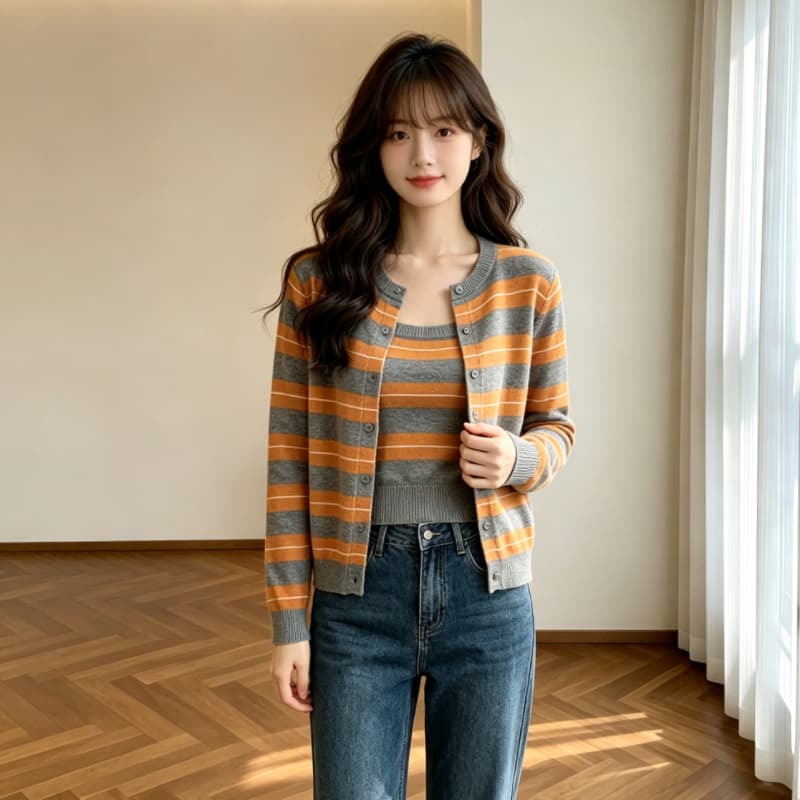 실사 스트라이프 스택 착용 니트 오픈 가디건 여성 조기 봄 디자인 센스 스웨터 코트 외부 가져 가라. 두 조각 스타일 맨위 상세 이미지 1