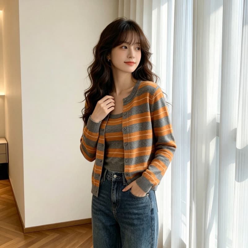 실사 스트라이프 스택 착용 니트 오픈 가디건 여성 조기 봄 디자인 센스 스웨터 코트 외부 가져 가라. 두 조각 스타일 맨위 상세 이미지 2