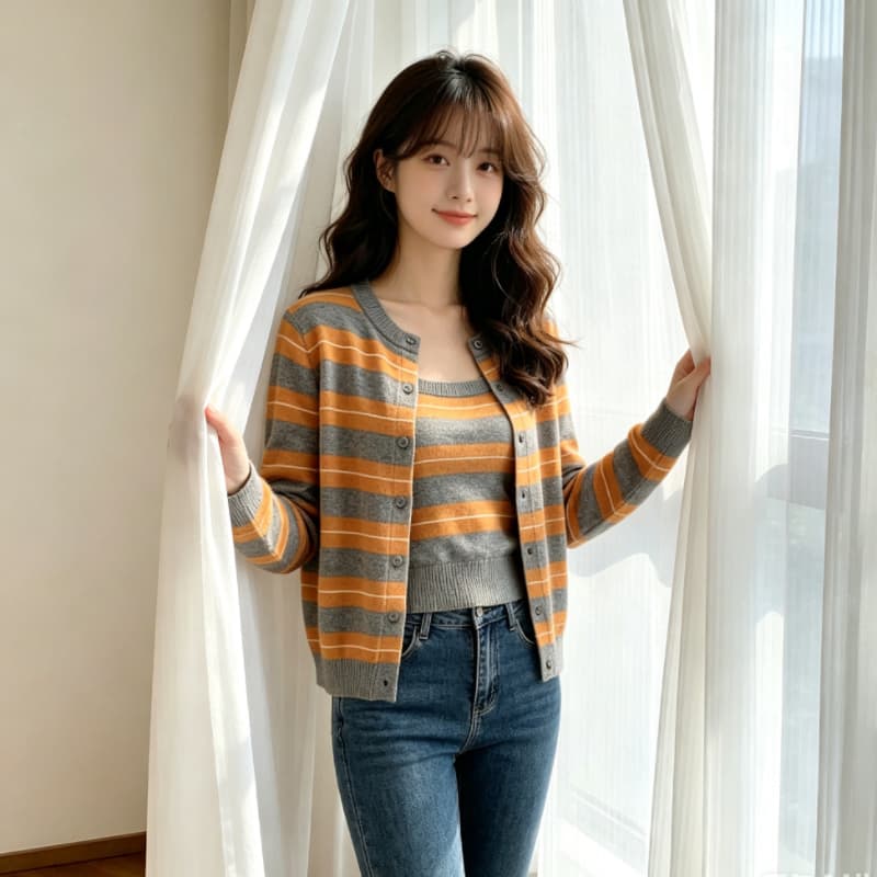 실사 스트라이프 스택 착용 니트 오픈 가디건 여성 조기 봄 디자인 센스 스웨터 코트 외부 가져 가라. 두 조각 스타일 맨위 상세 이미지 4