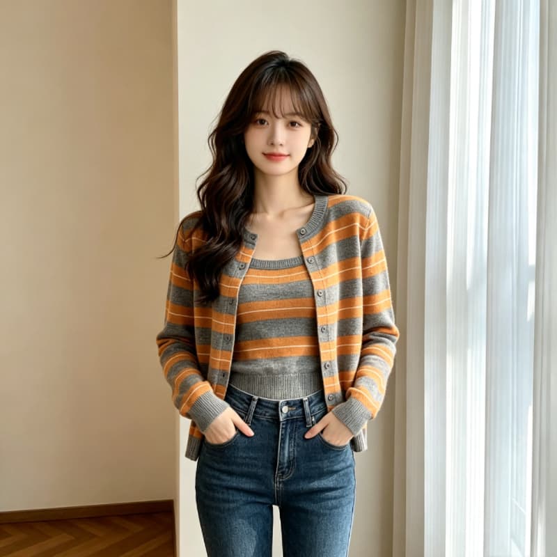 실사 스트라이프 스택 착용 니트 오픈 가디건 여성 조기 봄 디자인 센스 스웨터 코트 외부 가져 가라. 두 조각 스타일 맨위 상세 이미지 6