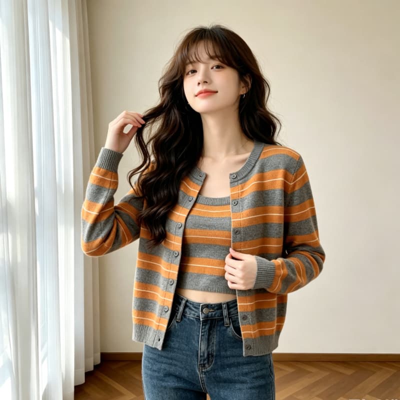 실사 스트라이프 스택 착용 니트 오픈 가디건 여성 조기 봄 디자인 센스 스웨터 코트 외부 가져 가라. 두 조각 스타일 맨위 상세 이미지 7