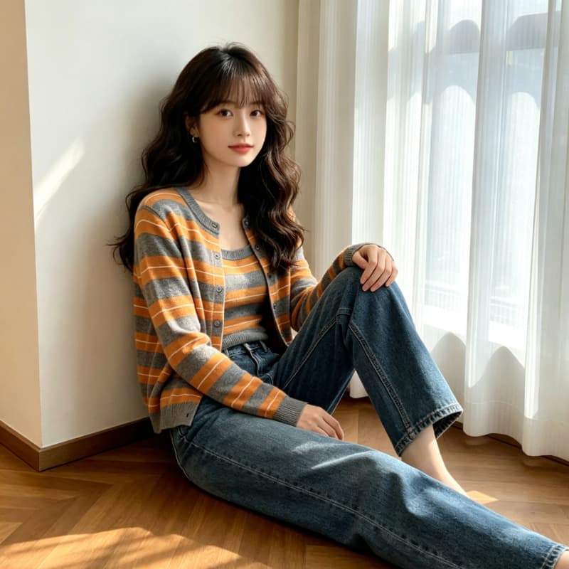 실사 스트라이프 스택 착용 니트 오픈 가디건 여성 조기 봄 디자인 센스 스웨터 코트 외부 가져 가라. 두 조각 스타일 맨위 상세 이미지 8