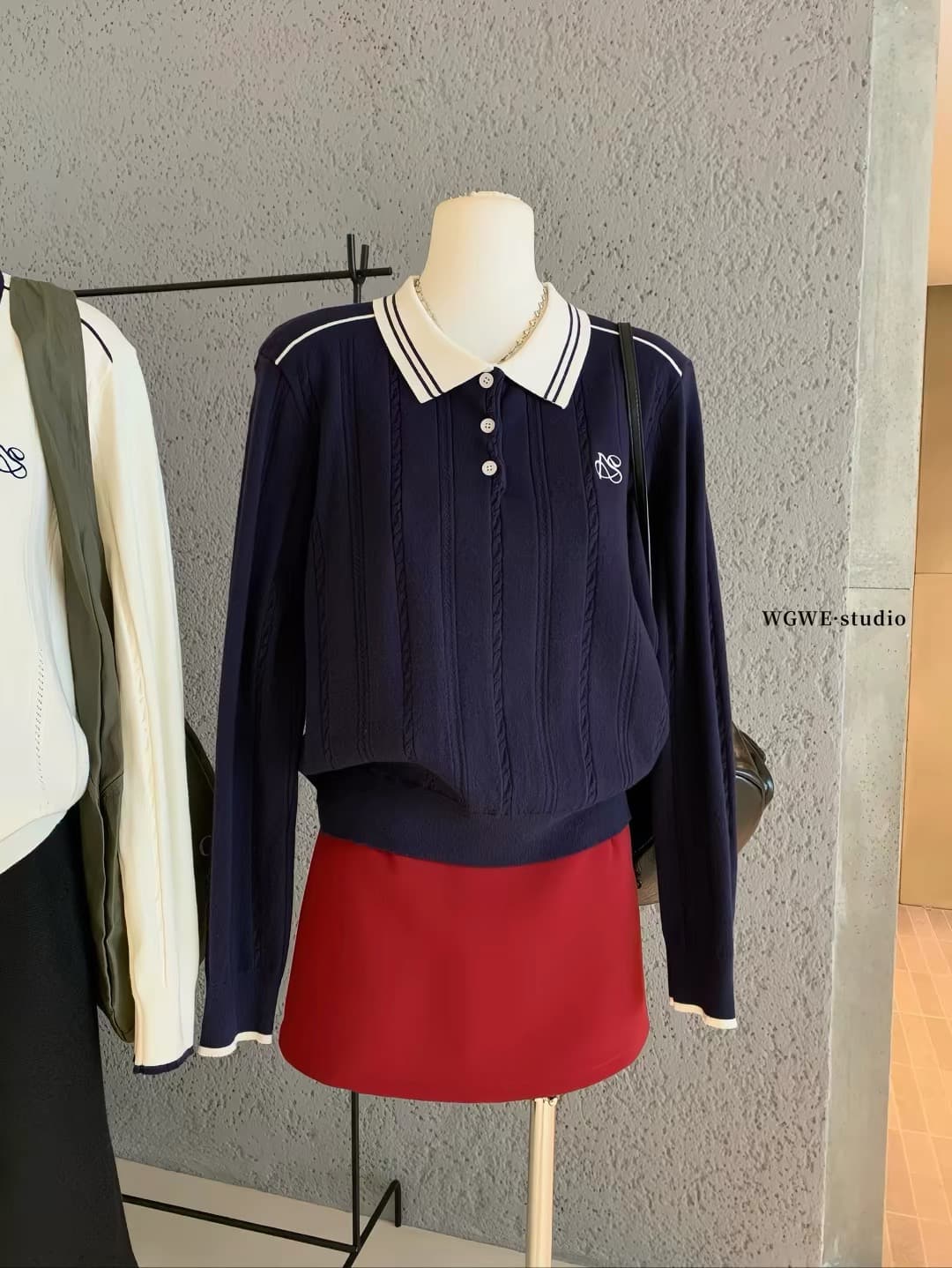 배색 POLO 칼라 트위스트 무늬 니트 스웨터 만나는 스웨터 여자 가을 겨울 캐주얼 긴팔 루즈핏 슬림해 보이는 인사이드 잡아라. 의류 이미지 2