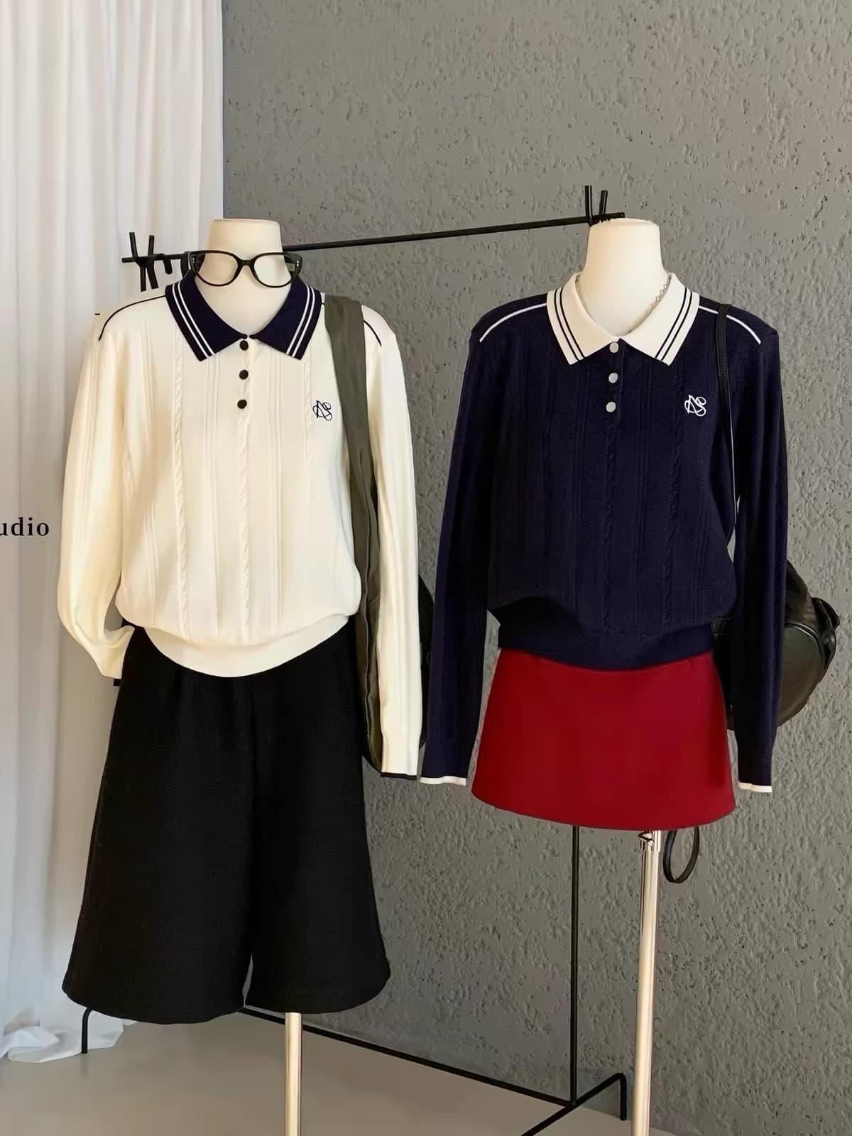 배색 POLO 칼라 트위스트 무늬 니트 스웨터 만나는 스웨터 여자 가을 겨울 캐주얼 긴팔 루즈핏 슬림해 보이는 인사이드 잡아라. 의류 상세 이미지 4