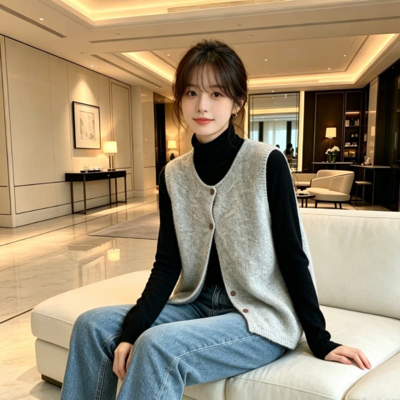 실사 미니멀리즘 다용도 부드러운 찹쌀 느긋한 바람 스웨터 조끼 여자 2026 가을 겨울 새로운 루즈핏 스택 착용 니트 맨위 상세 이미지 5