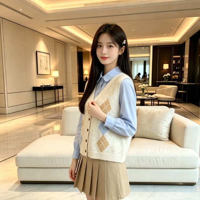 실사 V넥 다이아몬드 모양 그리드 민소매 조끼 여성 25 가을 겨울 새로운 캐주얼 다용도 얇고 가벼운 너구리 플러시 조끼 베스트 상세 이미지 3