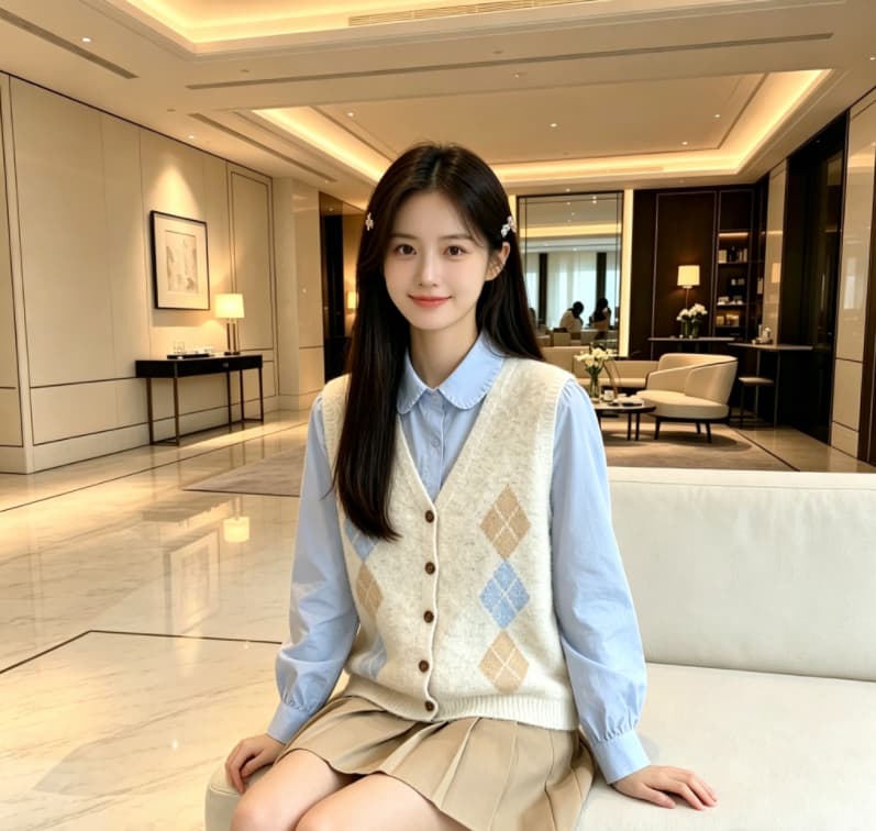 실사 V넥 다이아몬드 모양 그리드 민소매 조끼 여성 25 가을 겨울 새로운 캐주얼 다용도 얇고 가벼운 너구리 플러시 조끼 베스트 상세 이미지 4