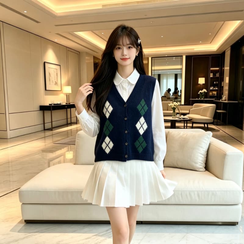실사 V넥 다이아몬드 모양 그리드 민소매 조끼 여성 25 가을 겨울 새로운 캐주얼 다용도 얇고 가벼운 너구리 플러시 조끼 베스트 상세 이미지 8