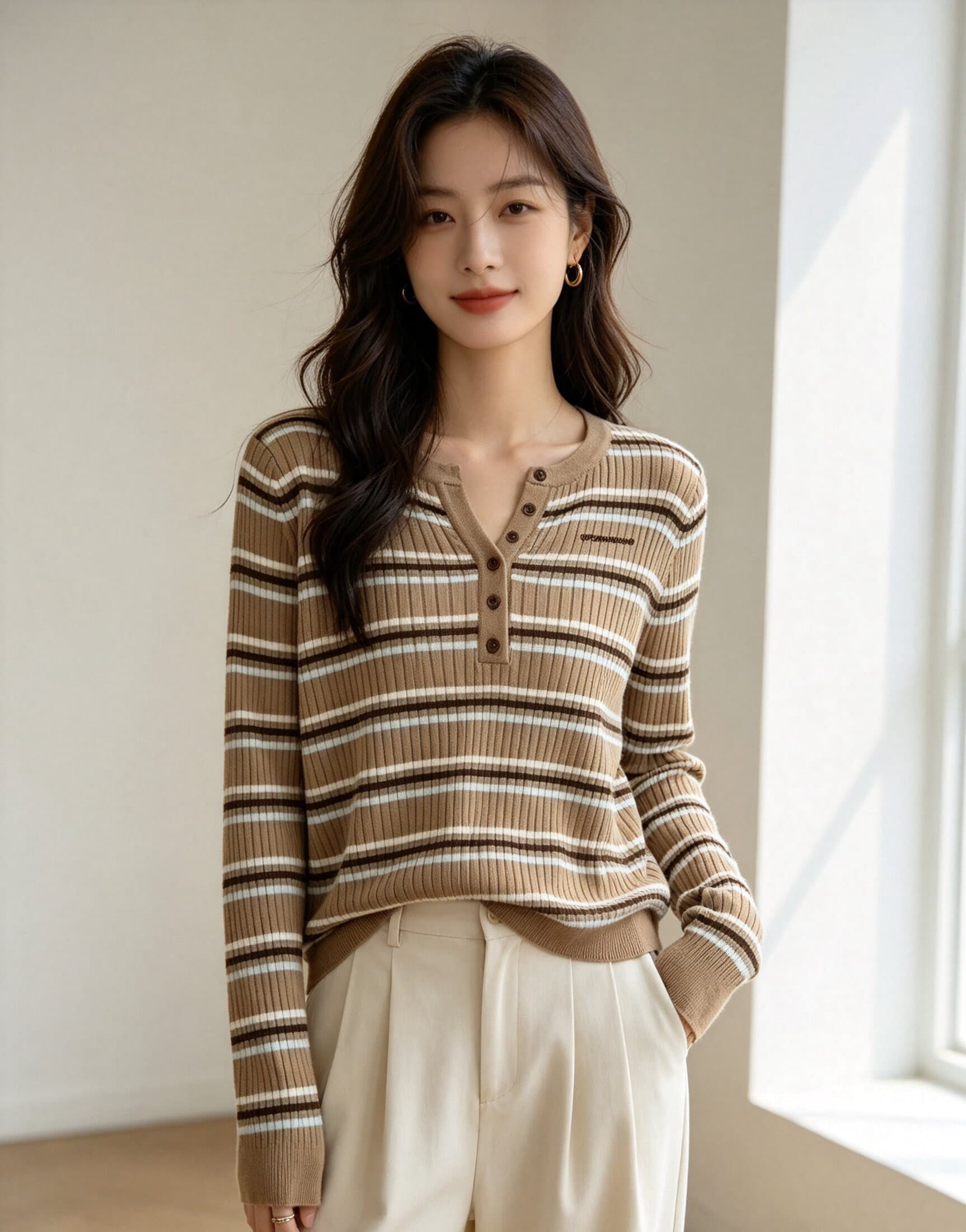 레트로 스트라이프 니트 스웨터 여성 수직 구덩이 기사 몸매 가꾸기 슬림해 보이는 얇은 스타일 긴팔 기본 셔츠 이른 가을 다용도 맨위 상세 이미지 5