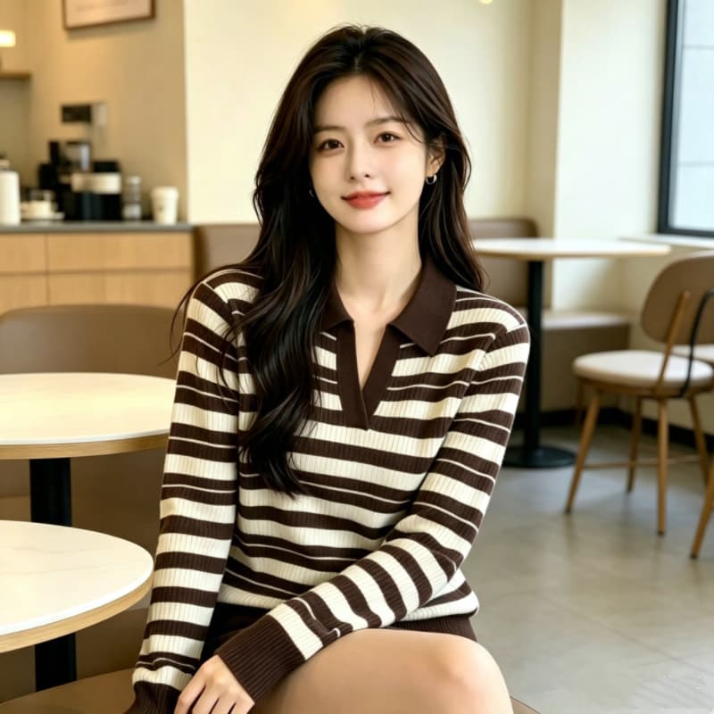 프랑스식 레트로 스트라이프 배색 칼라 긴팔 맨위 여성 의류 이른 가을 새로운 몸매 가꾸기 슬림해 보이는 니트 기본 셔츠